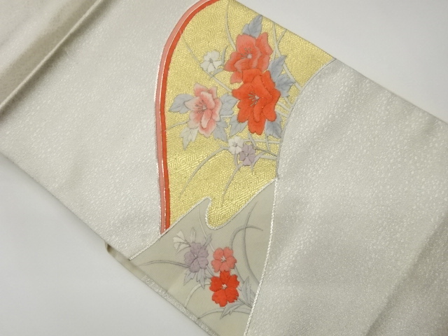 JAPANESE KIMONO / SILVER EMBROIDERY CURVE / FLOWER PATTERN NAGOYA OBI
